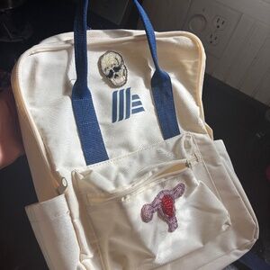 Aldi Canvas Bookbag Handmade beaded glass glitter embroidery/Skull and Uterus